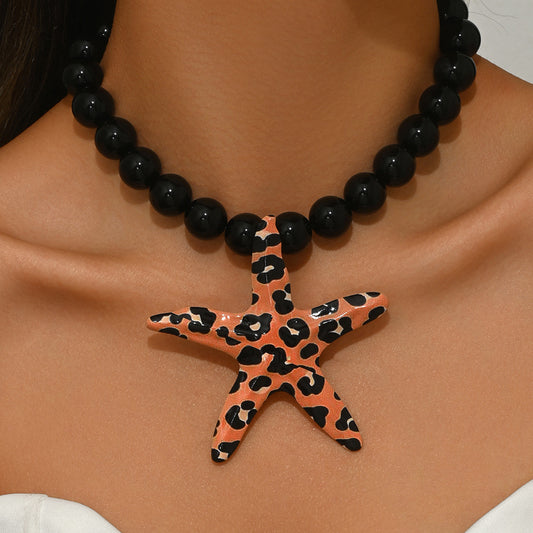 Leopard Starfish Necklace - Animal Print Pearl Alloy Statement Jewelry USA