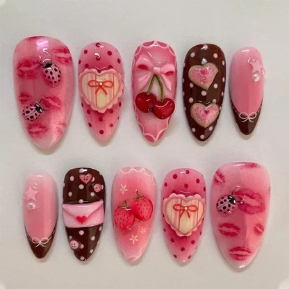Summer Almond Fake Nails Colorful 3D Flower Seashell Designs Press on Nail