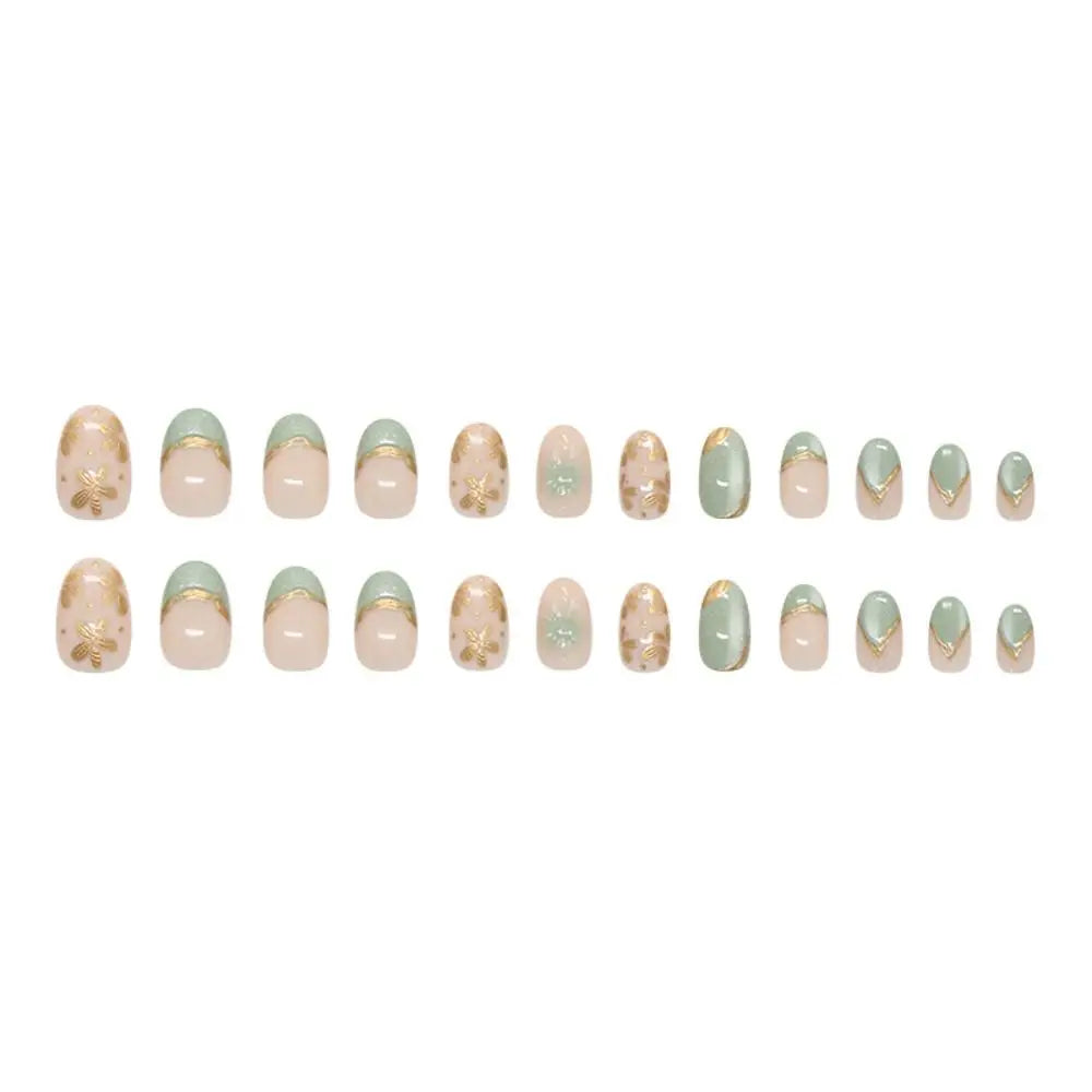 24pcs Manicure Oval False Nails Green French Press on Nails Detachable Cat Eye Flower Nail Tips DIY