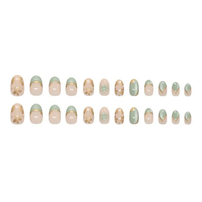 24pcs Manicure Oval False Nails Green French Press on Nails Detachable Cat Eye Flower Nail Tips DIY
