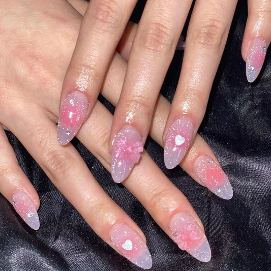 24pcs Bow False Nails Sets Press on Pink French Valentine’s Day Long Almond Nails Art Reusable Love Rhinestone Design Fake Nail