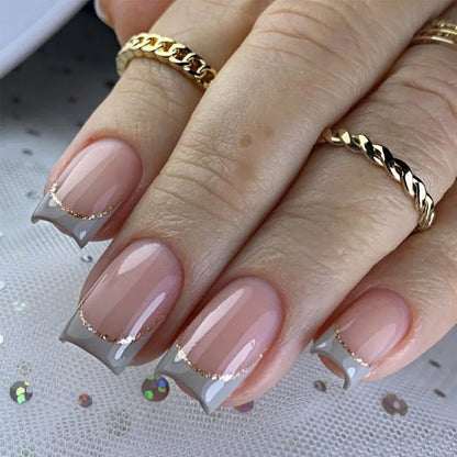 24Pcs Short French Wearable Fake Nails with Glue Simple Stripe Nail Art Full Cover Ballerina Fashion Press on Nail Manicure Tips