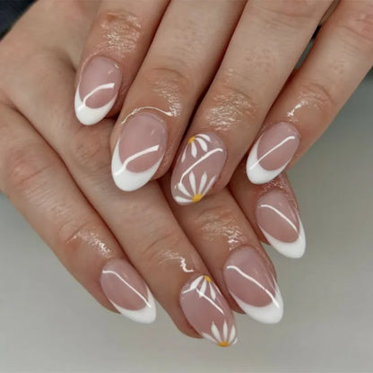 Flowers Gold Glitter Powder Edge White French Nail Art Fashion Wearable Fake Nail Detachable Finished False Nails Press on Nails