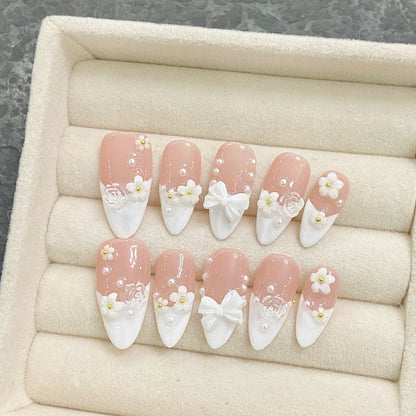 10Pcs Aurora Handmade False Nails with Jelly Glue Long Almond Fake Nail Art Shell Design Press on Nails Full Cover Manicure Tips