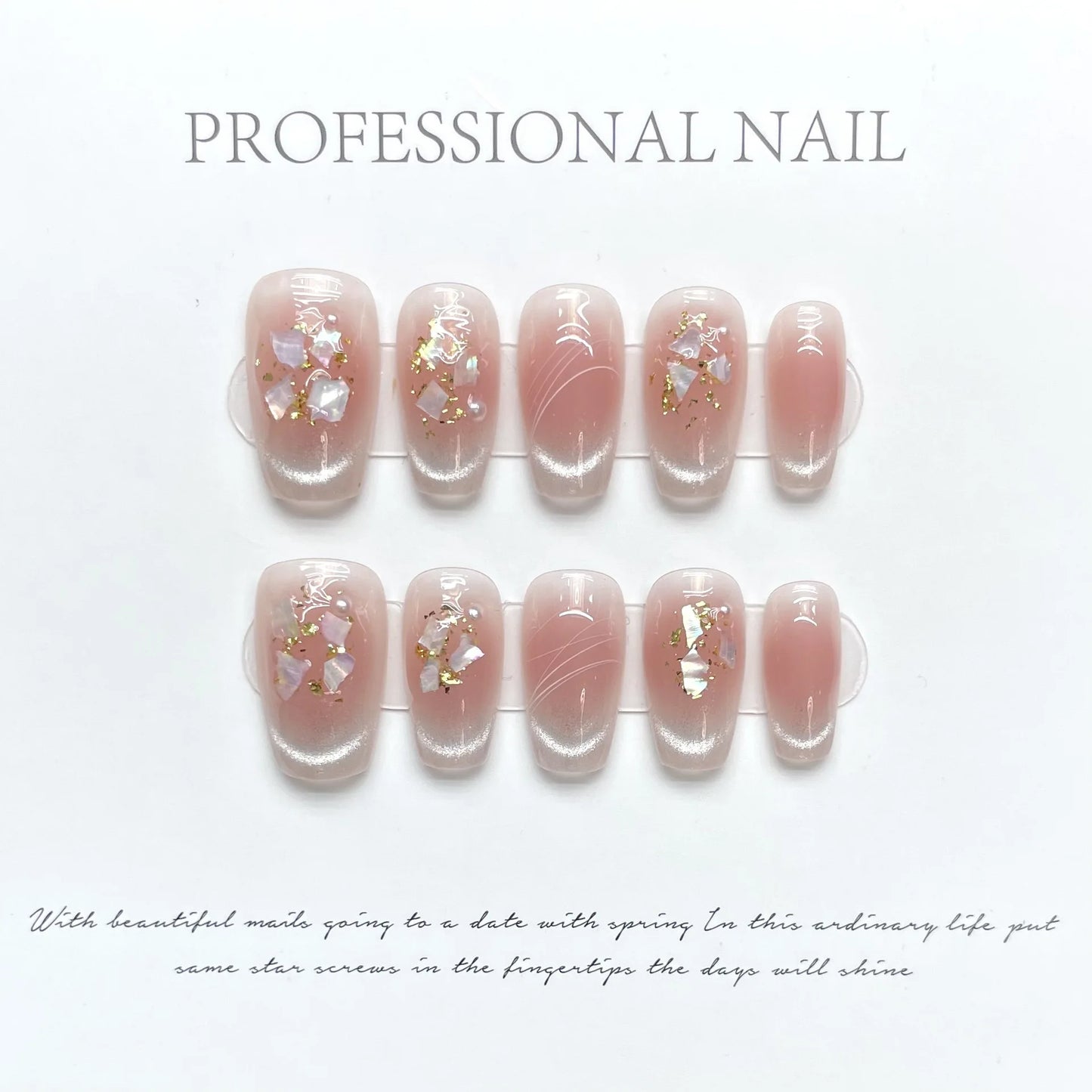 10Pcs Aurora Handmade False Nails with Jelly Glue Long Almond Fake Nail Art Shell Design Press on Nails Full Cover Manicure Tips