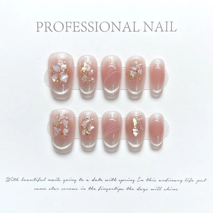 10Pcs Aurora Handmade False Nails with Jelly Glue Long Almond Fake Nail Art Shell Design Press on Nails Full Cover Manicure Tips