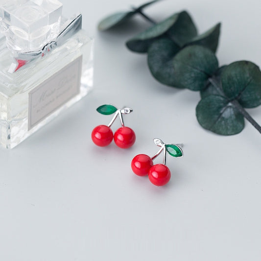 S925 Sterling Silver Cherry Earrings - Red Shell Pearl Jewelry USA
