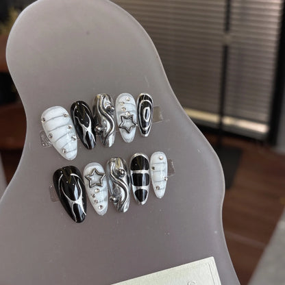 10PCS Sweet Cool Almond Handmade False Nail Dark Black Metallic Silver Pattern with 3D Star Fake Nails Spice Girls Press on Nail