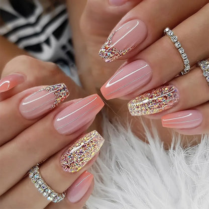 Nails with Rhinestone Sweet Cool Ballet Press on Nails Full Cover Acrylic Manicure Tips