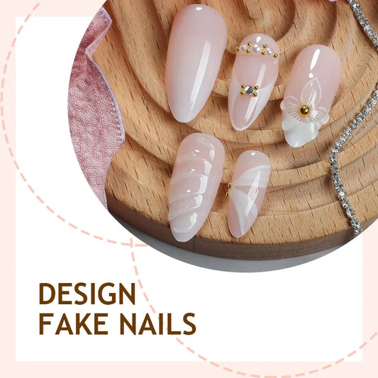 24Pcs Nude Color Fake Nails White French Tips Almond Press On Nails Flower Designs Korean Style DIY Manicure Artificial Nails