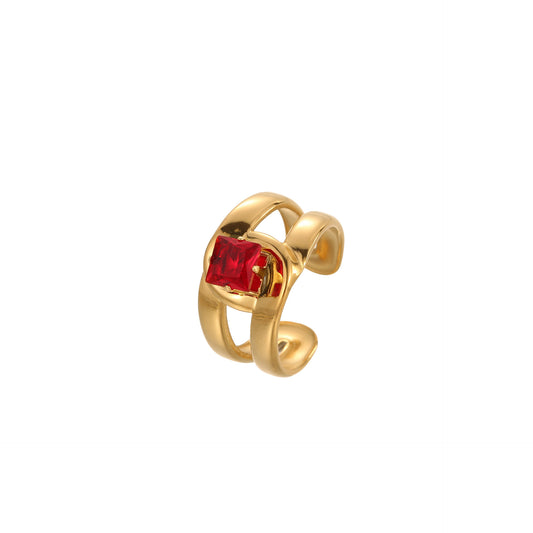 Red Zircon Ring - Titanium Steel Open-end Bold Geometric Design
