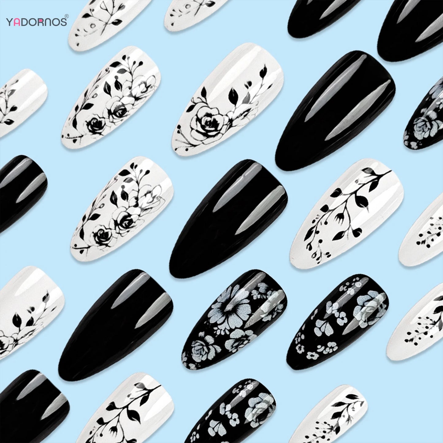 24Pcs Almond Fake Nails Black/White Flower Printed Charms Press On Nails Women and Girls Full Cover Wearable False Nails Patches