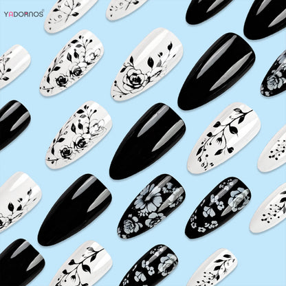 24Pcs Almond Fake Nails Black/White Flower Printed Charms Press On Nails Women and Girls Full Cover Wearable False Nails Patches