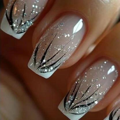 24Pcs Short French Wearable Fake Nails with Glue Simple Stripe Nail Art Full Cover Ballerina Fashion Press on Nail Manicure Tips