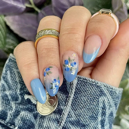 Flowers Gold Glitter Powder Edge White French Nail Art Fashion Wearable Fake Nail Detachable Finished False Nails Press on Nails
