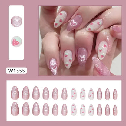 24Pcs Almond-Shaped Press-On Nails With Cute Strawberry Heart Design Medium Length Pearlescent Finish Mixed Shades False Nails