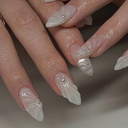 24pcs Simple Green French Fake Nails Finished Fashion Flower Design Almond False Nail Tips Reusable Long Oval Press on Nails Set