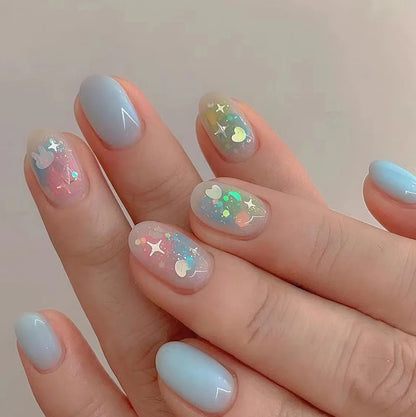 24pcs Glitter Short Almond False Nails Pink Aurora Ellipse Fake Nails Press on Nails DIY Manicure Detachable Full Cover Nail Tip