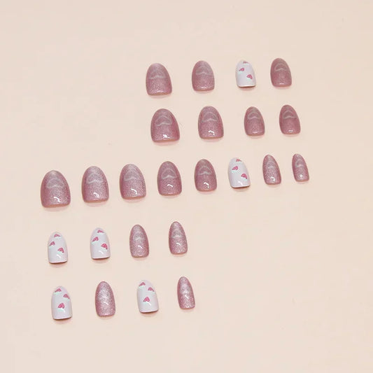 24Pcs Almond-Shaped Press-On Nails With Cute Strawberry Heart Design Medium Length Pearlescent Finish Mixed Shades False Nails
