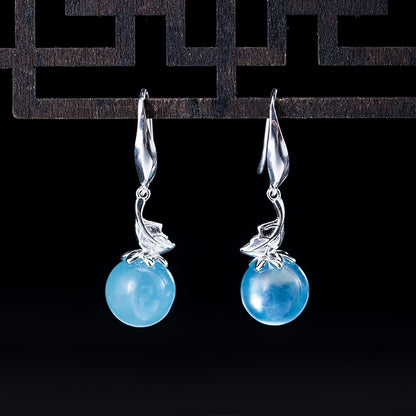S925 Silver Aquamarine Flower Earrings - Vintage Leaves Gemstone Jewelry