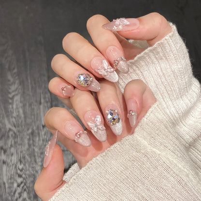 10Pcs Aurora Handmade False Nails with Jelly Glue Long Almond Fake Nail Art Shell Design Press on Nails Full Cover Manicure Tips