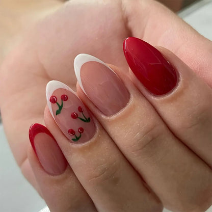Lovely Cherry Solid Color Red Nail Art White French Simple Fake Nails Detachable Finished False Nails Press on Nails with Glue