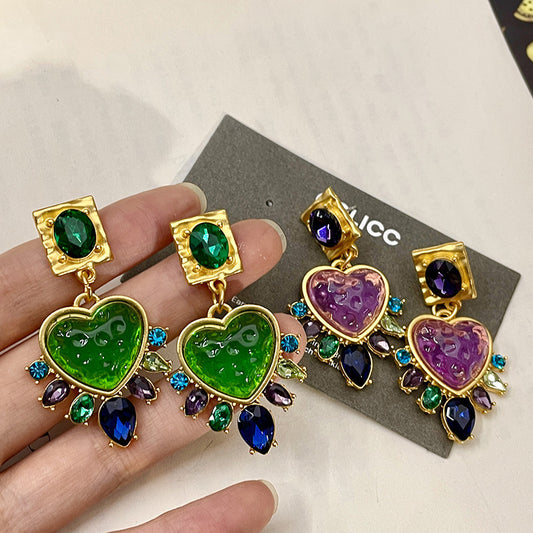 Vintage Heart-shaped Glass Stud Earrings Mixed Color