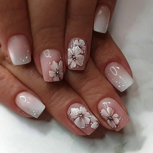 Hot Selling French 3D Gold Line Flower Nail Art Almond Shape False Nails Detachable Finished Fake Nails Press on Nails with Glue