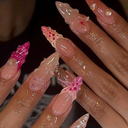 24/30PCS/BOX Cat Eyes False Nail 3D Bow Ripple Love Pearl Press on Nails Simple French Lines with Jelly Stickers Nail Tips