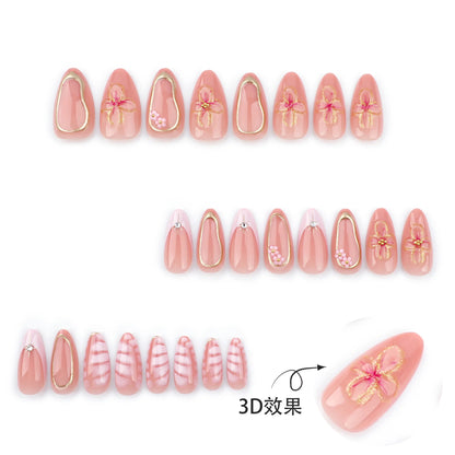 24pcs New Alligator Print False Nails Pink French Style 3D Flower Decor Press On Nail Glitter Gold Powder Designs Fake Nails