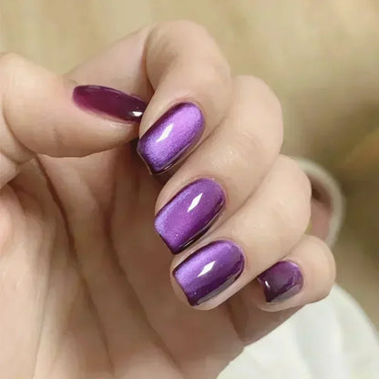 Purple Cat Eye Fake Nails Square Head French Ballet Nails Short Press on Nails