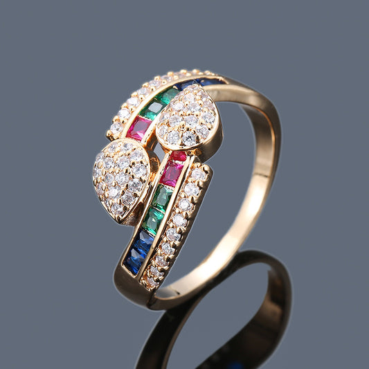 Colorful Zircon Gold Ring - Women's Geometric Inlaid Plated Design