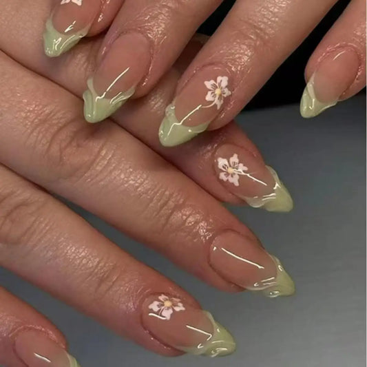 24pcs Simple Green French Fake Nails Finished Fashion Flower Design Almond False Nail Tips Reusable Long Oval Press on Nails Set