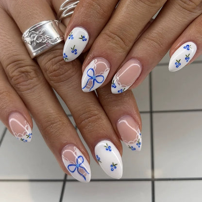 Simple Almond Nails Tips Fresh Colorful Flower Design False Nails Wearable Oval Fake Nail Short Full Cover Press on Nails