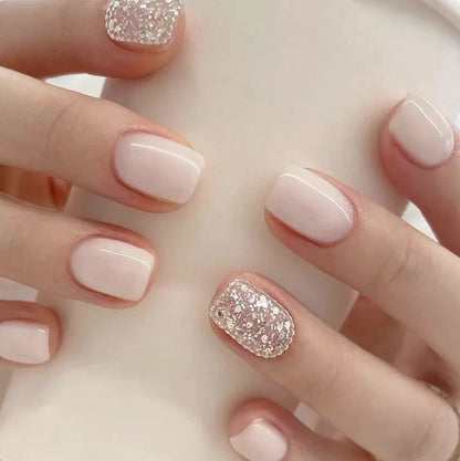 Naked Pink French White Side False Nails Short Simple Nail Beauty Press on  Nails