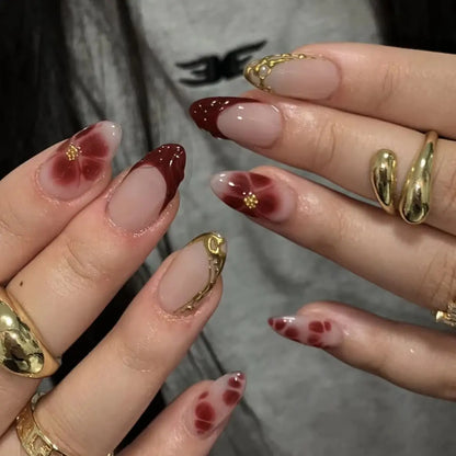 24pcs Cute Flower Petals Press on Nails Short Almond French Gel False Nails Golden Lines Stick on Fake Nails for Sweet Cool Girl