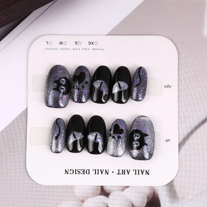 Handmade Press on Nails Gothic Punk Black Hand-painted Fake Nails Full Cover Wearable European Mid-length Coffin False Nails