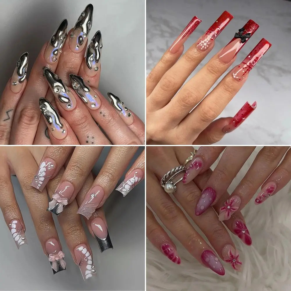 24/30PCS/BOX Cat Eyes False Nail 3D Bow Ripple Love Pearl Press on Nails Simple French Lines with Jelly Stickers Nail Tips