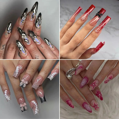 24/30PCS/BOX Cat Eyes False Nail 3D Bow Ripple Love Pearl Press on Nails Simple French Lines with Jelly Stickers Nail Tips