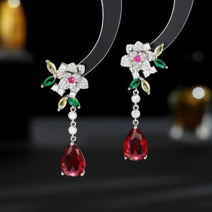 Flower Zircon Camellia Tassel Earrings - Sterling Silver Luxury Water Drop