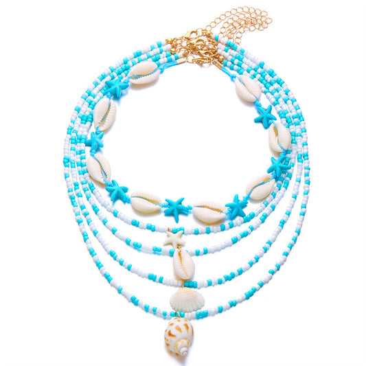 Multi-Layer Summer Starfish Shell Conch Bead Necklace Set - 5-Piece Beach Jewelry USA