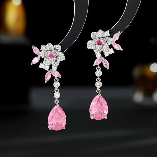 Flower Zircon Camellia Tassel Earrings - Sterling Silver Luxury Water Drop
