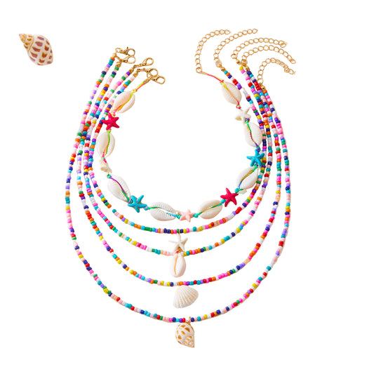 Multi-Layer Summer Starfish Shell Conch Bead Necklace Set - 5-Piece Beach Jewelry USA