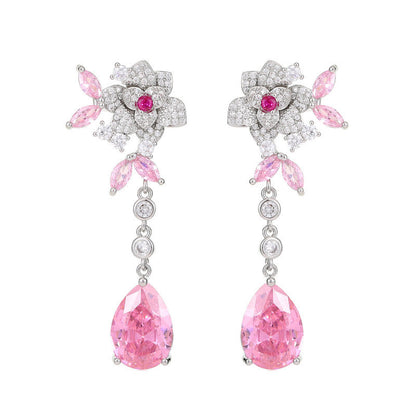 Flower Zircon Camellia Tassel Earrings - Sterling Silver Luxury Water Drop
