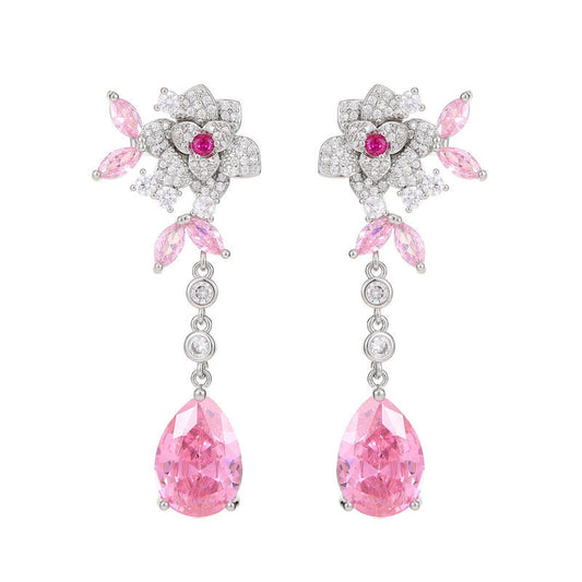 Flower Zircon Camellia Tassel Earrings - Sterling Silver Luxury Water Drop