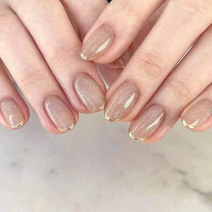 24pcs Glitter Short Almond False Nails Pink Aurora Ellipse Fake Nails Press on Nails DIY Manicure Detachable Full Cover Nail Tip