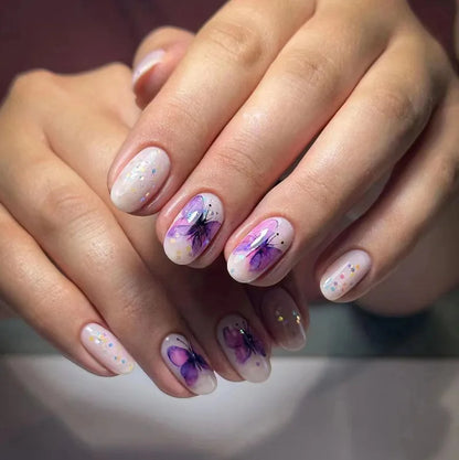 24pcs Glitter Short Almond False Nails Pink Aurora Ellipse Fake Nails Press on Nails DIY Manicure Detachable Full Cover Nail Tip