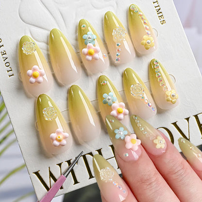 24Pcs/set 3D French Green Gradient Press on Nails Long Alomnd Reusable Adhesive False Nails Artifical Acrylic Full Cover Nail Ti