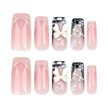 24/30PCS/BOX Cat Eyes False Nail 3D Bow Ripple Love Pearl Press on Nails Simple French Lines with Jelly Stickers Nail Tips