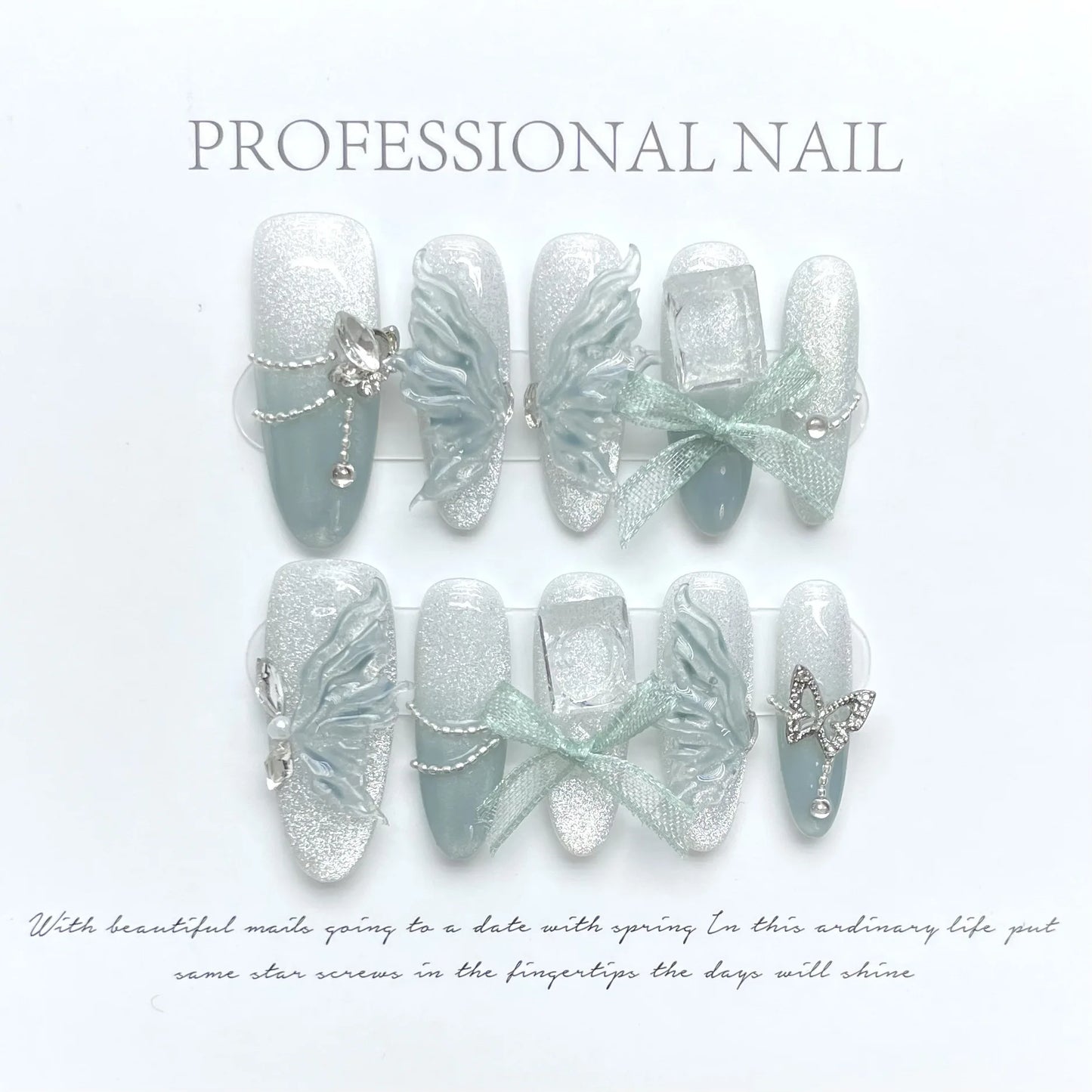 10Pcs Aurora Handmade False Nails with Jelly Glue Long Almond Fake Nail Art Shell Design Press on Nails Full Cover Manicure Tips